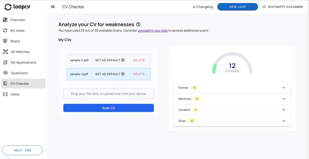 AI CV Checker page on dashboard